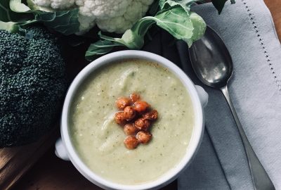 Creamy Broccoli (and Vegetable) Soup with Roasted Chickpeas